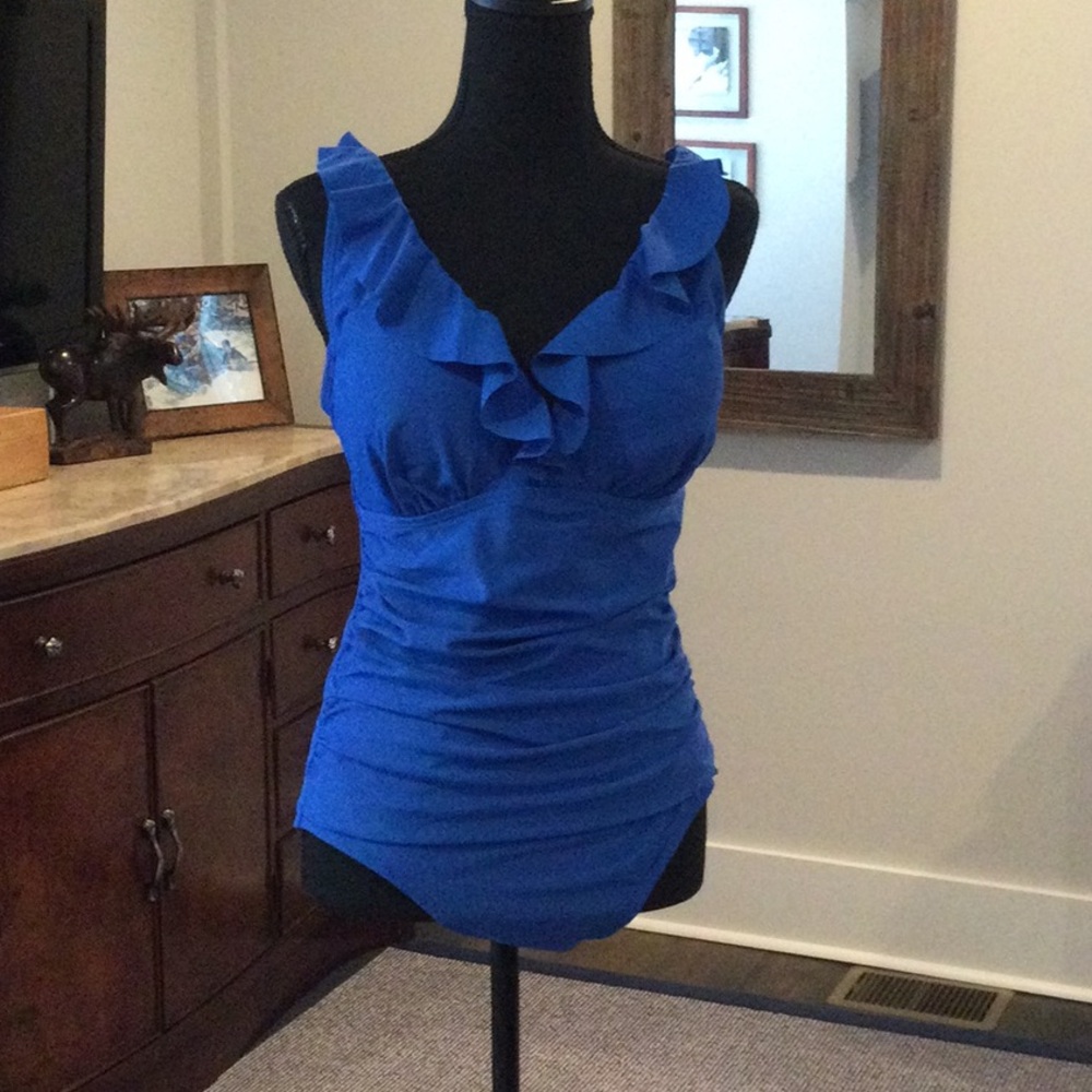DKNY Royal Blue Ruffled One-Piece Swimsuit